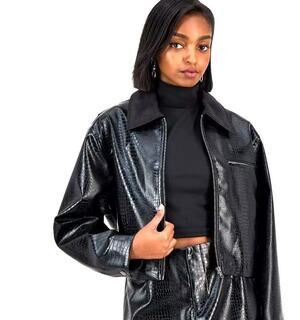 Bar III Women's Embossed Faux Leather Cropped Jacket Black Size Medium
